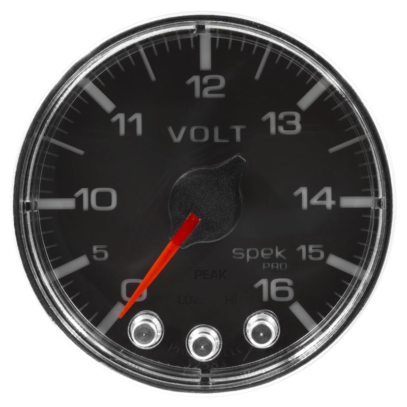 Autometer Spek-Pro Gauge Voltmeter 2 1/16in 16V Stepper Motor W/Peak & Warn Blk/Chrm