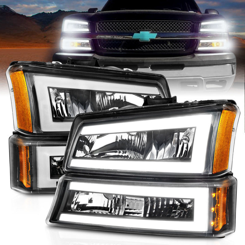 ANZO 2003-2006 Chevrolet Silverado 1500 Crystal Headlights w/ Light Bar Black Housing