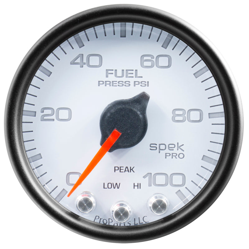 Autometer Spek-Pro Gauge Fuel Press 2 1/16in 100psi Stepper Motor W/Peak & Warn Wht/Blk