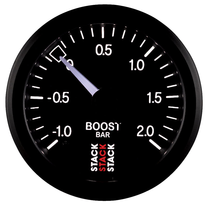 Autometer Stack 52mm -1 to +2 Bar T-Fitting 0.187in Barb (M) Mechanical Boost Pressure Gauge - Black