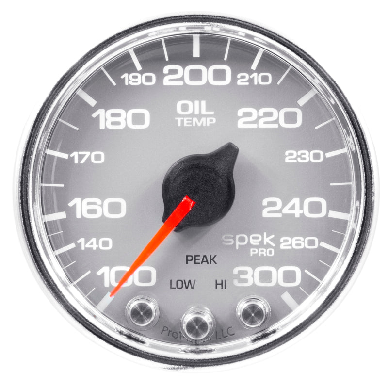 Autometer Spek-Pro Gauge Oil Temp 2 1/16in 300f Stepper Motor W/Peak & Warn Slvr/Chrm