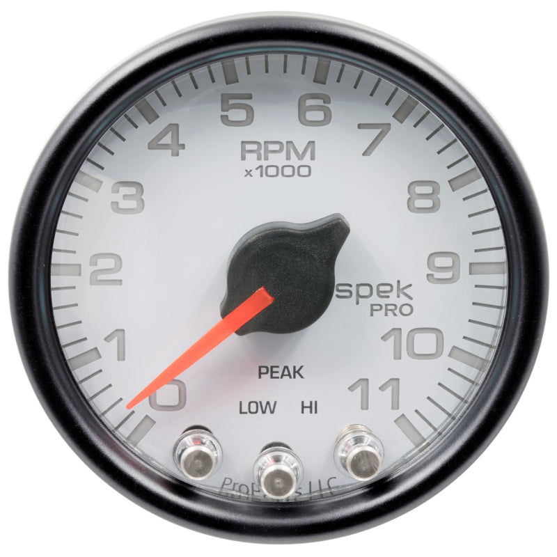 Autometer Spek-Pro Gauge Tach 2 1/16in 11K Rpm W/ Shift Light & Peak Mem Wht/Blk