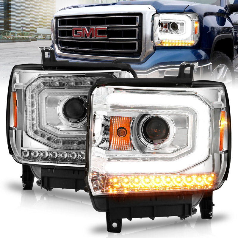 ANZO 2014-2015 Gmc Sierra 1500 Projector Headlights w/ Light Bar Chrome Housing (Halogen Type)