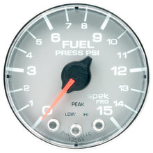 Load image into Gallery viewer, Autometer Spek-Pro Gauge Fuel Press 2 1/16in 15psi Stepper Motor W/Peak &amp; Warn Slvr/Chrm