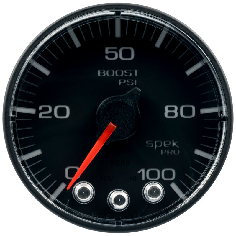 Autometer Spek-Pro Gauge Boost 2 1/16in 100psi Stepper Motor W/Peak & Warn Blk/Blk