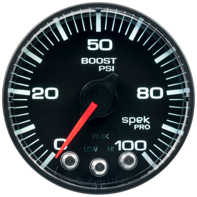 Autometer Spek-Pro Gauge Boost 2 1/16in 100psi Stepper Motor W/Peak & Warn Blk/Blk