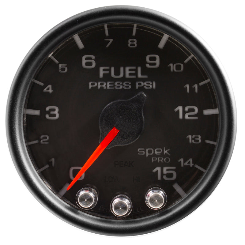 Autometer Spek-Pro Gauge Fuel Press 2 1/16in 15psi Stepper Motor W/Peak & Warn Blk/Blk