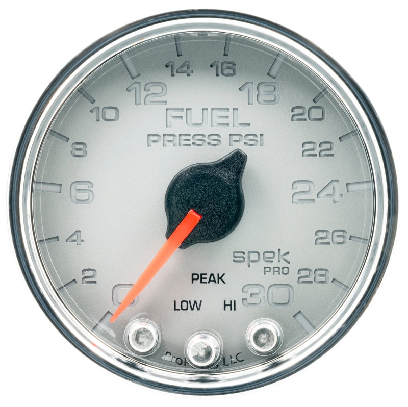 Autometer Spek-Pro Gauge Fuel Press 2 1/16in 30psi Stepper Motor W/Peak & Warn Slvr/Chrm