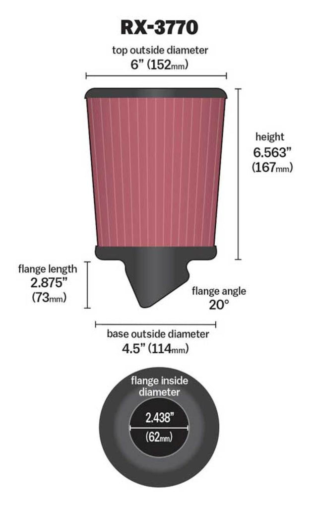 K&N Filter Universal X Stream Clamp-On 3in Flange 4.5in Base 6in Top 6.125in Height