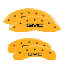 Load image into Gallery viewer, MGP 4 Caliper Covers Engraved Front &amp; Rear 99-03 GMC Sierra 1500 Yellow Finish Black GMC Logo