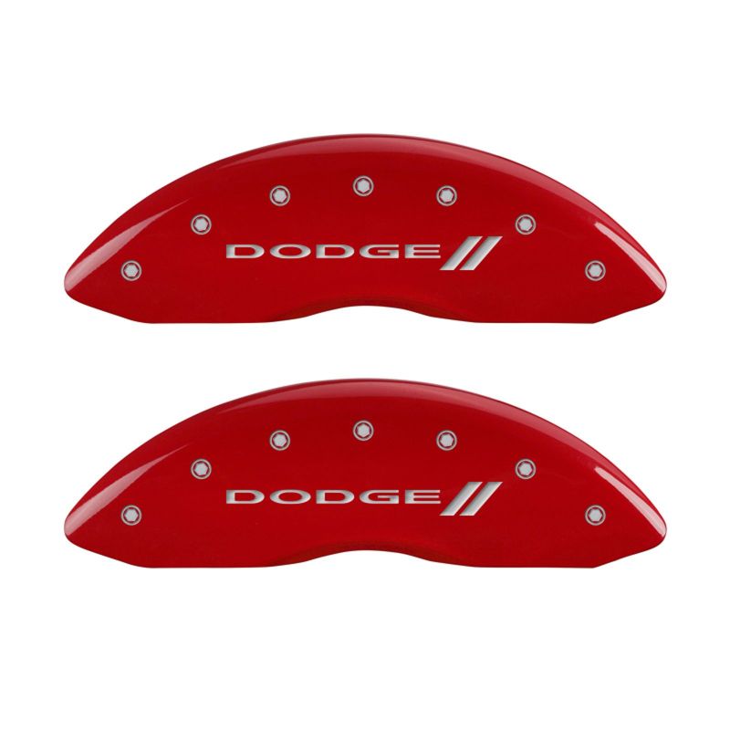MGP 4 Caliper Covers Engraved Front & Rear With stripes/Dodge Red finish silver ch