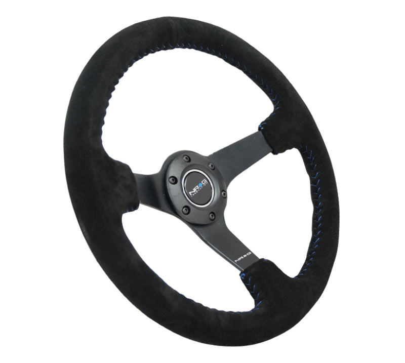 NRG Reinforced Steering Wheel (350mm / 3in. Deep) Blk Suede/Blue BBall Stitch w/5mm Matte Blk Spokes