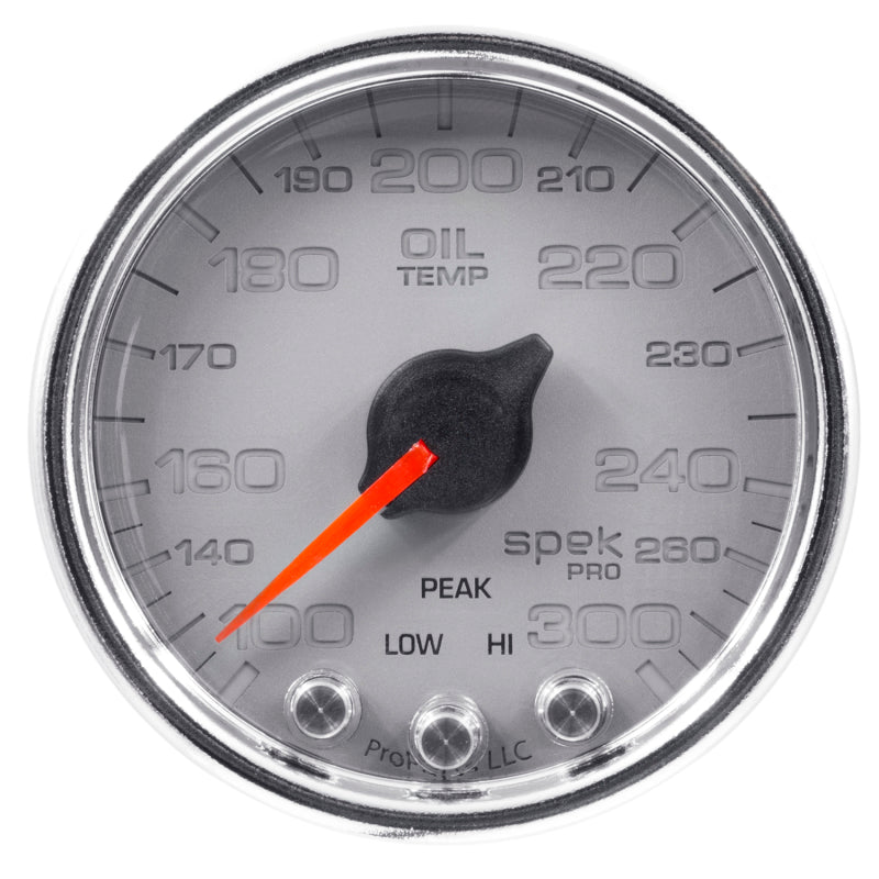Autometer Spek-Pro Gauge Oil Temp 2 1/16in 300f Stepper Motor W/Peak & Warn Slvr/Chrm