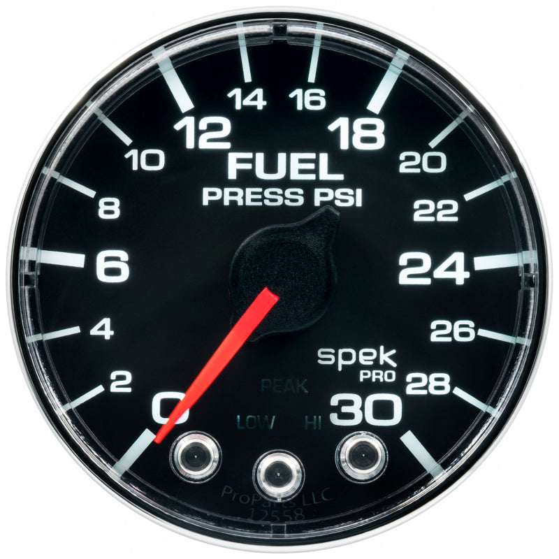 Autometer Spek-Pro Gauge Fuel Press 2 1/16in 30psi Stepper Motor W/Peak & Warn Blk/Chrm