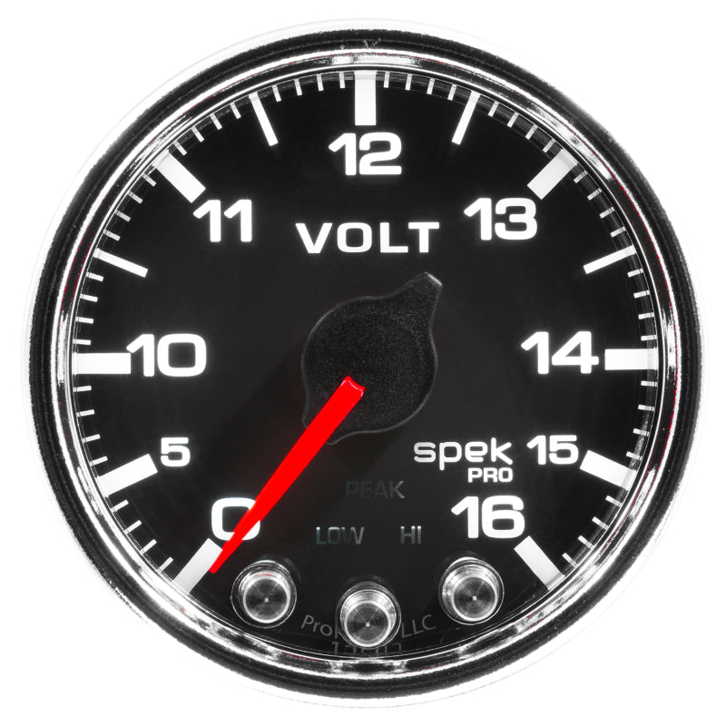 Autometer Spek-Pro Gauge Voltmeter 2 1/16in 16V Stepper Motor W/Peak & Warn Blk/Chrm