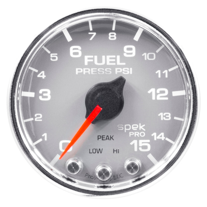 Autometer Spek-Pro Gauge Fuel Press 2 1/16in 15psi Stepper Motor W/Peak & Warn Slvr/Chrm