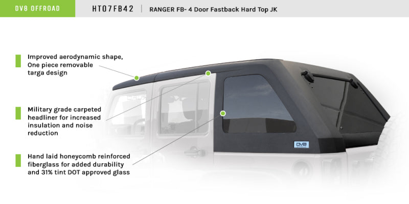 DV8 Offroad 07-18 Jeep Wrangler JK 2 Piece Fast Back Hard Top 4 Door - Black