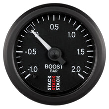 Load image into Gallery viewer, Autometer Stack 52mm -1 to +2 Bar T-Fitting 0.187in Barb (M) Mechanical Boost Pressure Gauge - Black