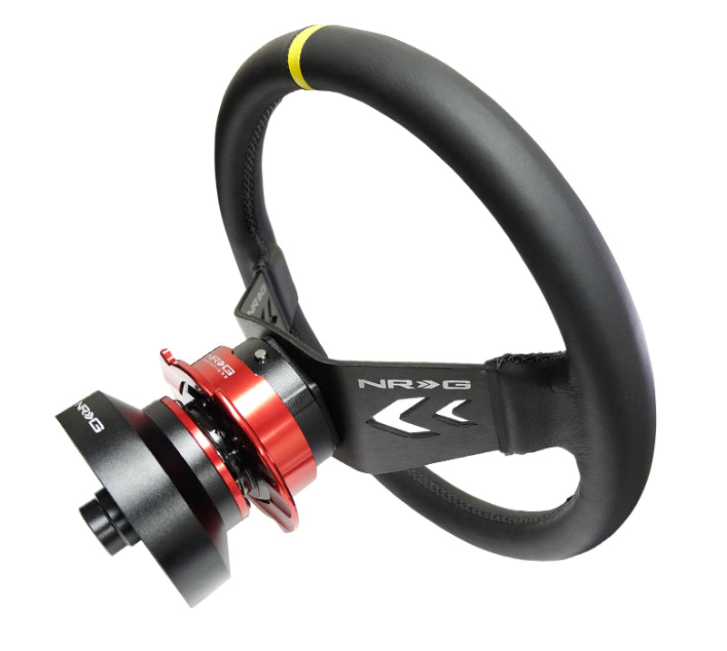 NRG Reinforced Steering Wheel (350mm / 3in Deep) Blk Leather w/NRG Arrow-Cut 2-Spoke & Sgl Yellow CM