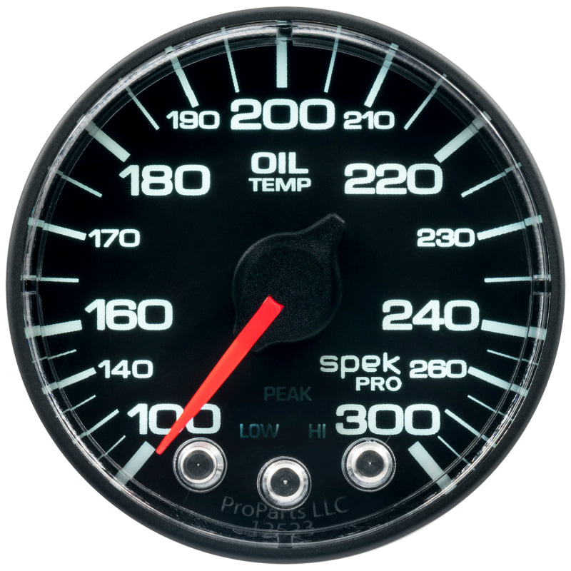 Autometer Spek-Pro Gauge Oil Temp 2 1/16in 300f Stepper Motor W/Peak & Warn Blk/Blk