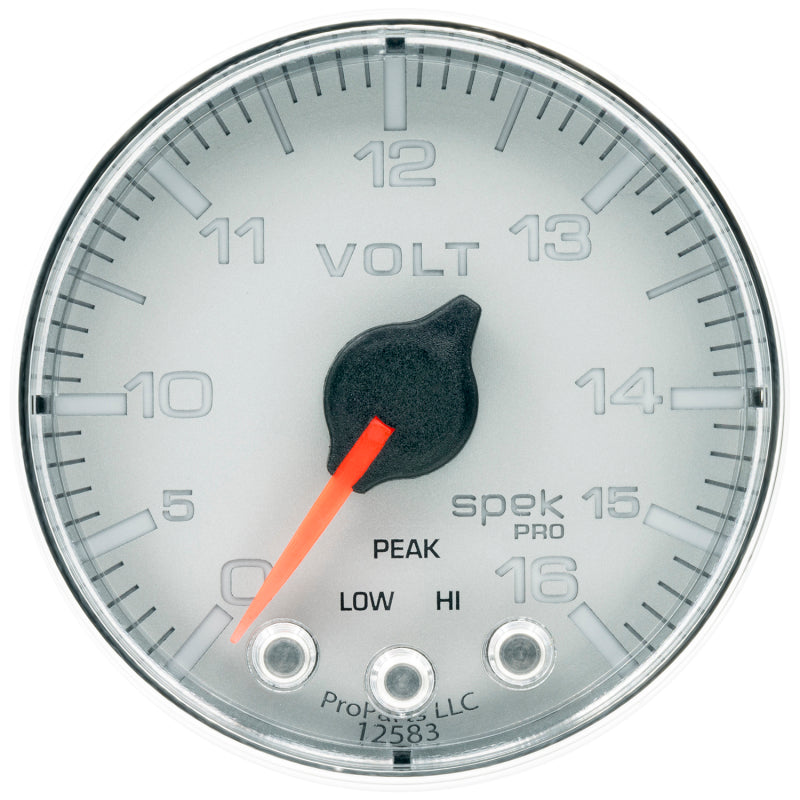 Autometer Spek-Pro Gauge Voltmeter 2 1/16in 16V Stepper Motor W/Peak & Warn Slvr/Chrm