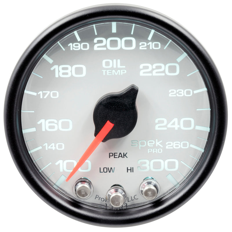 Autometer Spek-Pro Gauge Oil Temp 2 1/16in 300f Stepper Motor W/Peak & Warn Wht/Blk