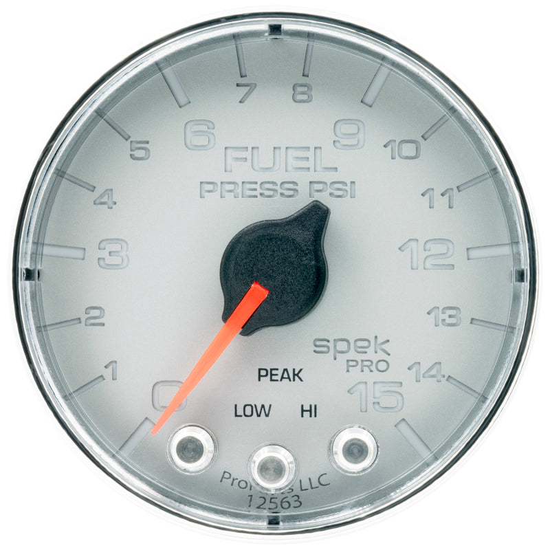 Autometer Spek-Pro Gauge Fuel Press 2 1/16in 15psi Stepper Motor W/Peak & Warn Slvr/Chrm